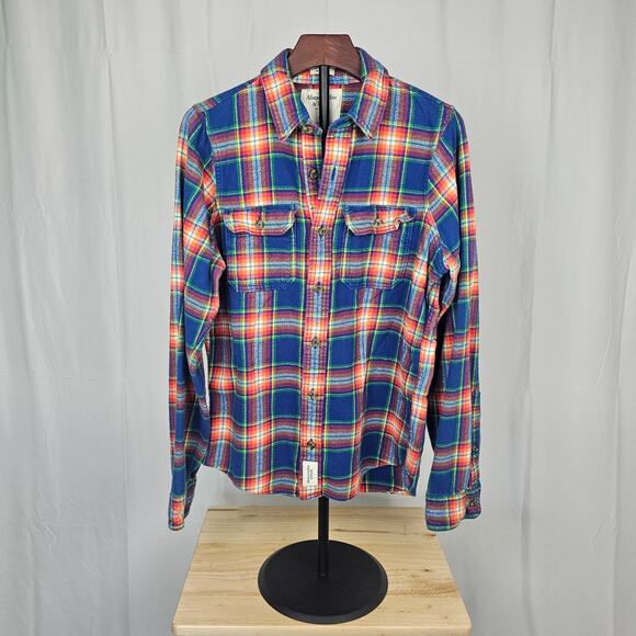 Abercrombie & Fitch Flannel Shirt Mens M Blue Red Plaid Muscle Fit Soft Cotton - Picture 1 of 3